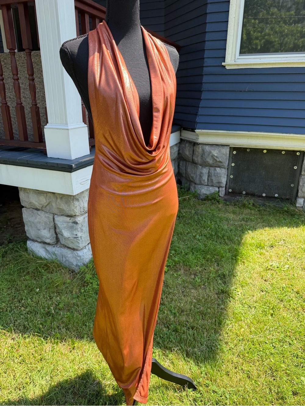 Dress Forum Copper Shimmer Cowl-Neck Maxi Dress